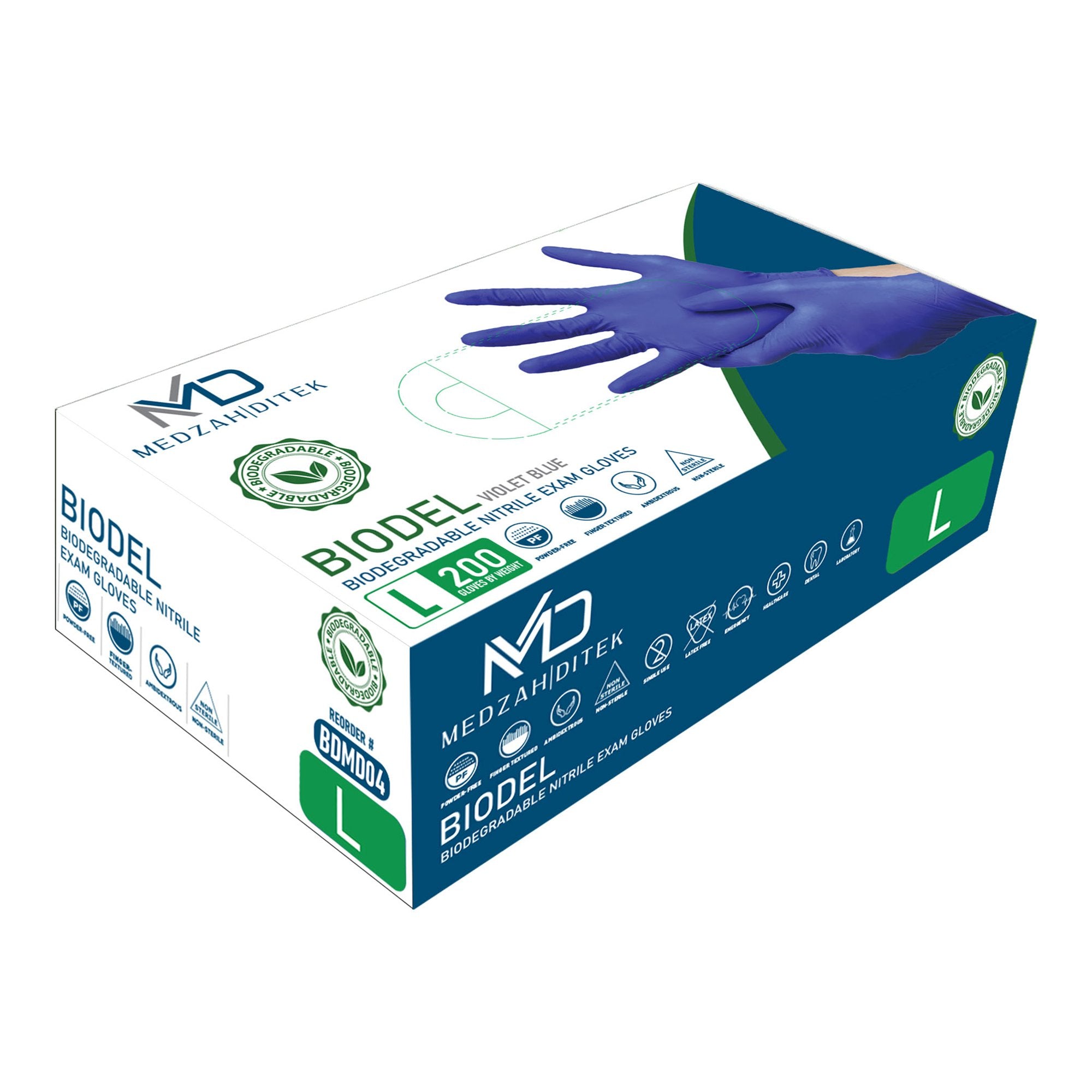 Medzah Industries - Exam Glove BIODEL Large NonSterile Nitrile Standard Cuff Length Textured Fingertips Violet Blue Chemo Tested / Fentanyl Tested [200/BX]