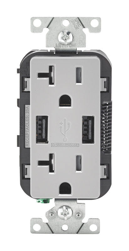 LEVITON - Leviton Decora 20 amps 125 V Gray Outlet and USB Charger 5-20R 1 pk