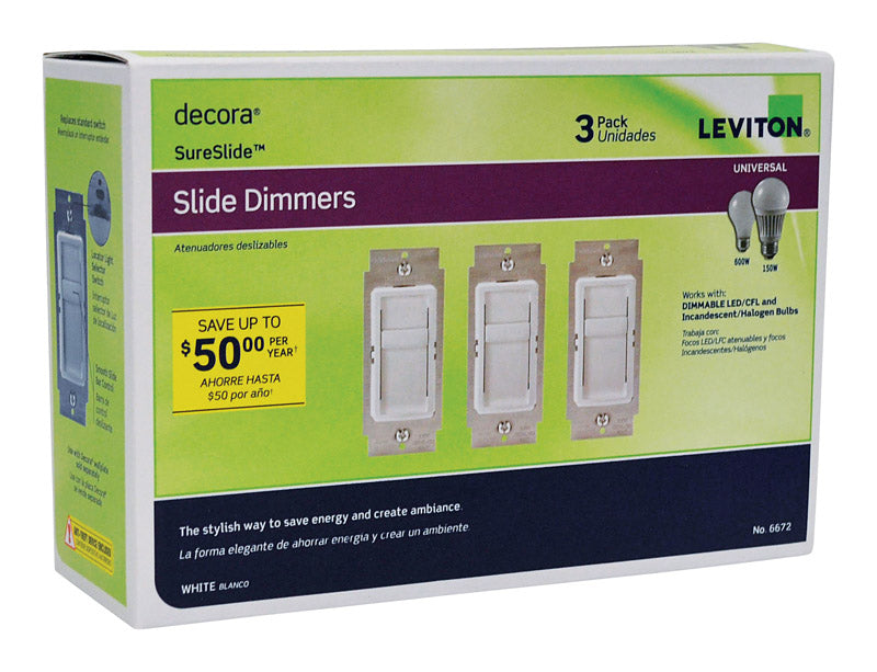 LEVITON - Leviton Decora SureSlide White 600 W Slide Dimmer Switch 3 pk