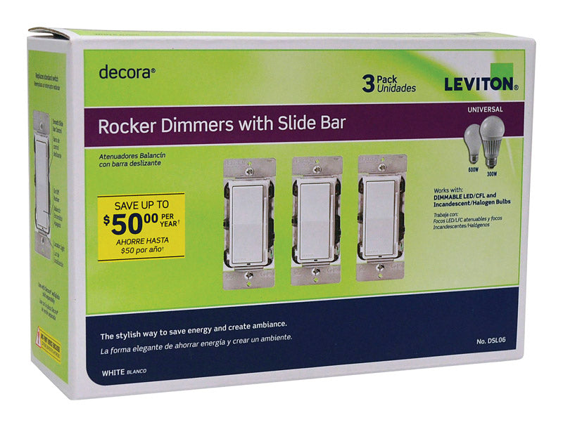 LEVITON - Leviton Decora White 600 W Rocker Dimmer Switch 3 pk