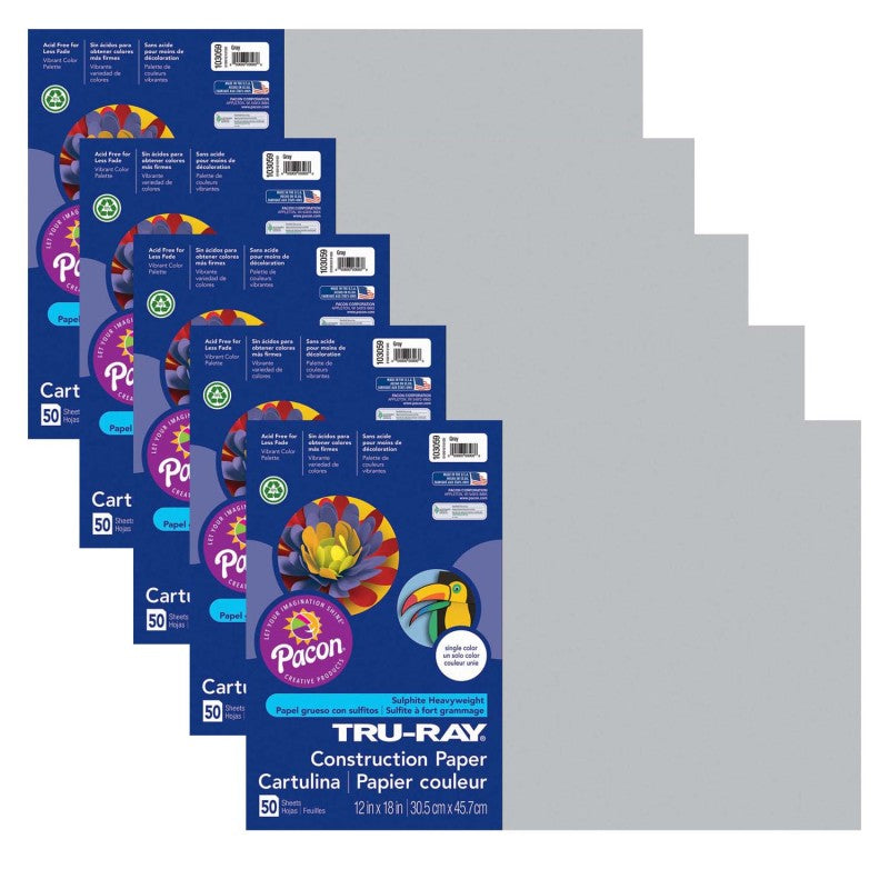 TRU-RAY - Construction Paper, Gray, 12" x 18", 50 Sheets Per Pack, 5 Packs (PAC103059-5)