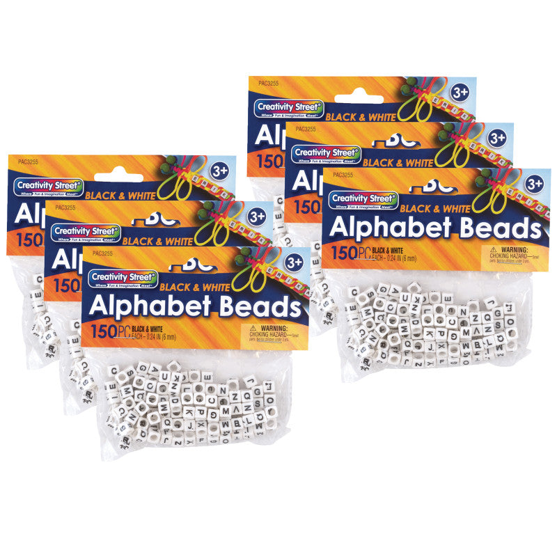 CREATIVITY STREET - Alphabet Beads, Black & White, 6 mm, 150 Per Pack, 6 Packs
