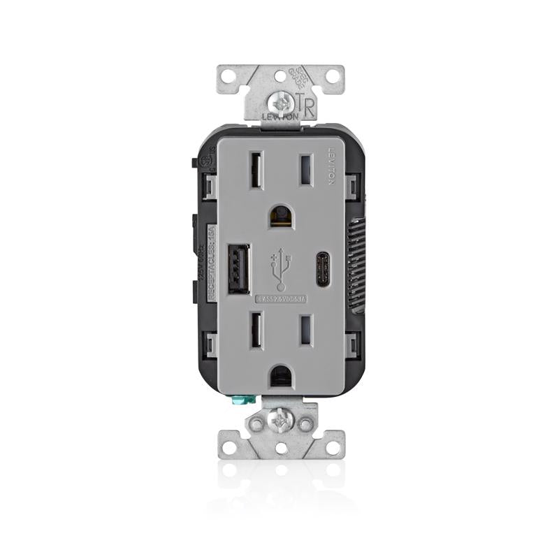 LEVITON - Leviton Decora 15 amps 125 V Type A/C Duplex Gray Outlet and USB Charger 5-15R 1 pk