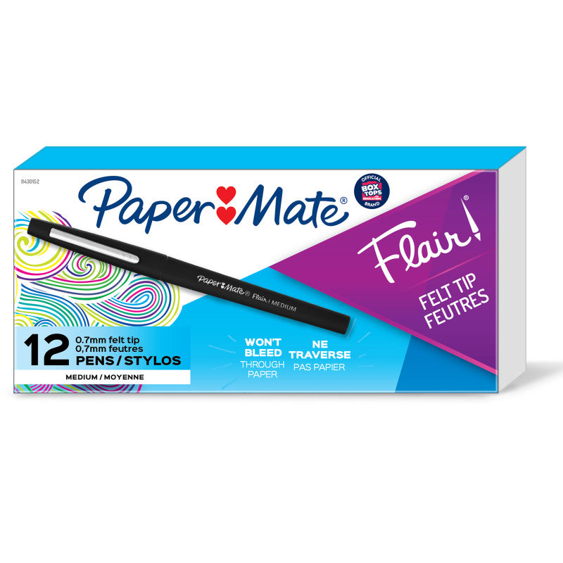 PAPER MATE - Flair Pens, Medium, Black, Box of 12