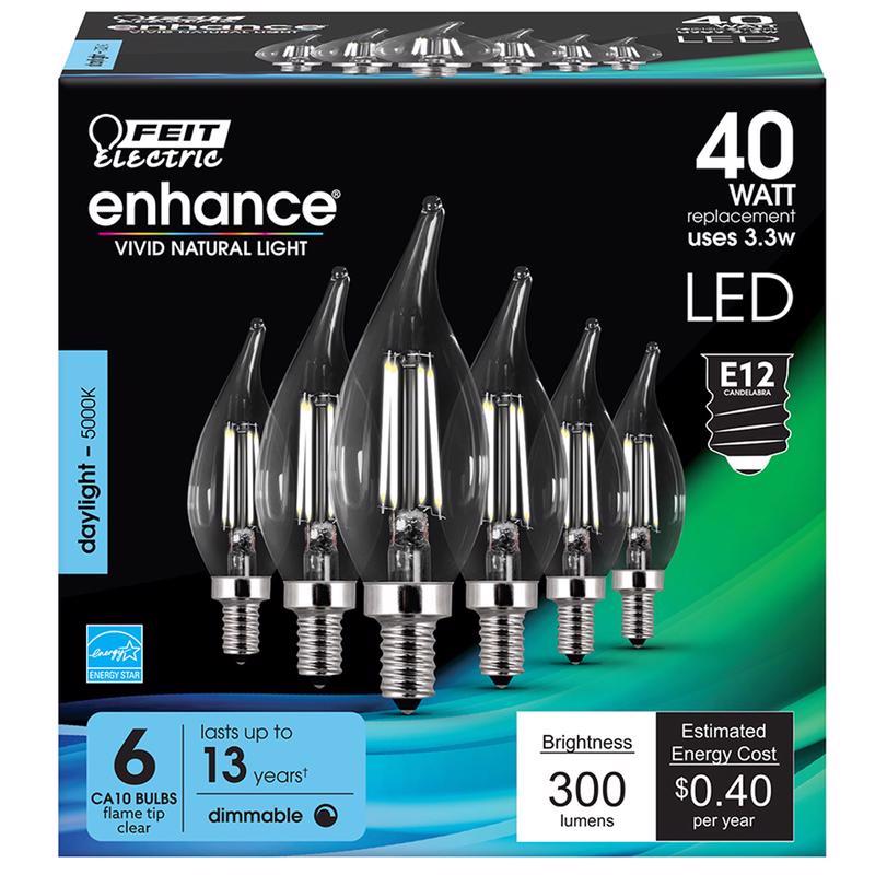 FEIT - Feit Enhance CA10 E12 (Candelabra) Filament LED Bulb Daylight 40 Watt Equivalence 6 pk