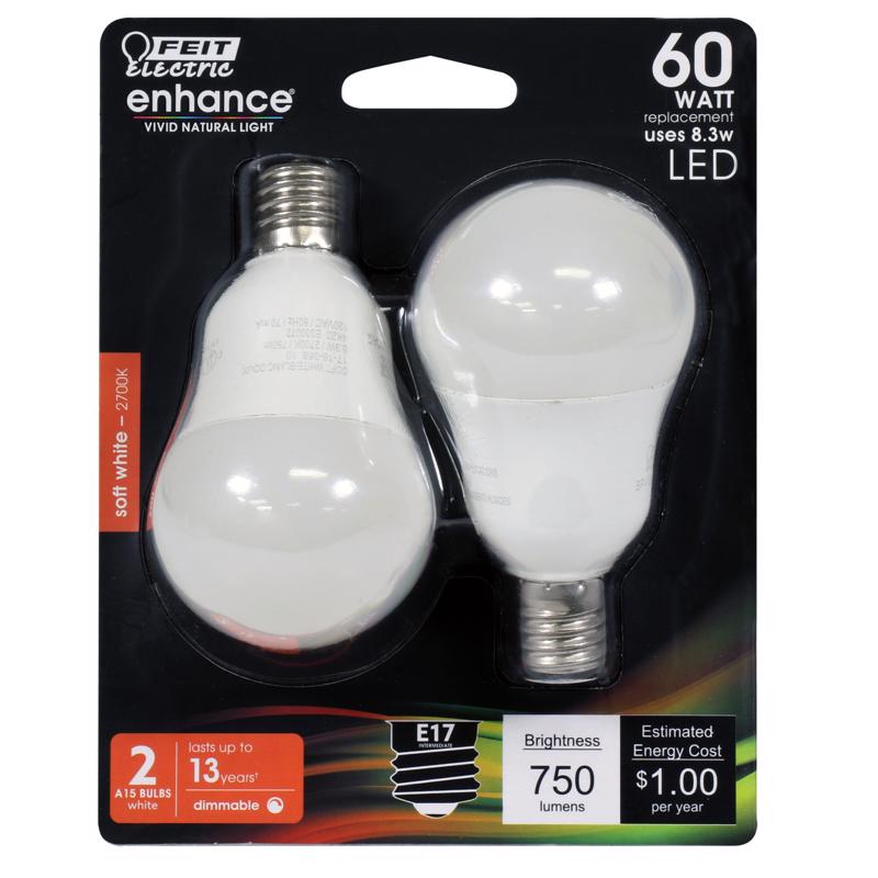 FEIT - Feit Enhance A15 E17 (Intermediate) LED Bulb Soft White 60 Watt Equivalence 2 pk