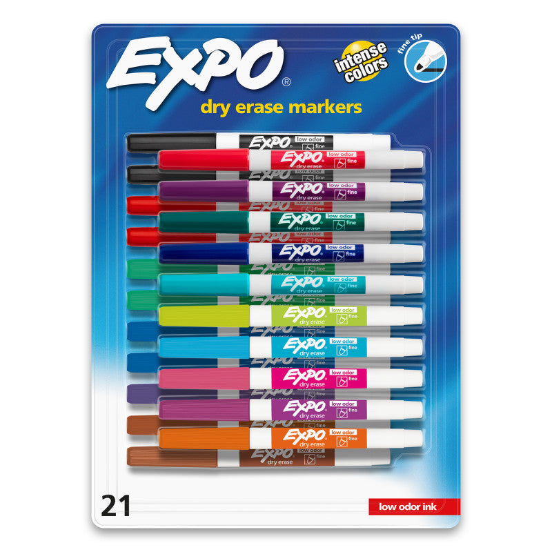EXPO - Dry Erase Markers, Whiteboard Markers with Low Odor Ink, Fine Tip, Assorted Vibrant Colors, 21 Count