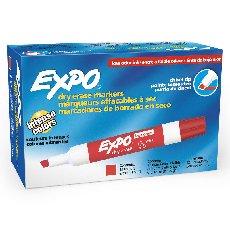 EXPO - Low-Odor Dry Erase Markers, Chisel Tip, Red, Box of 12