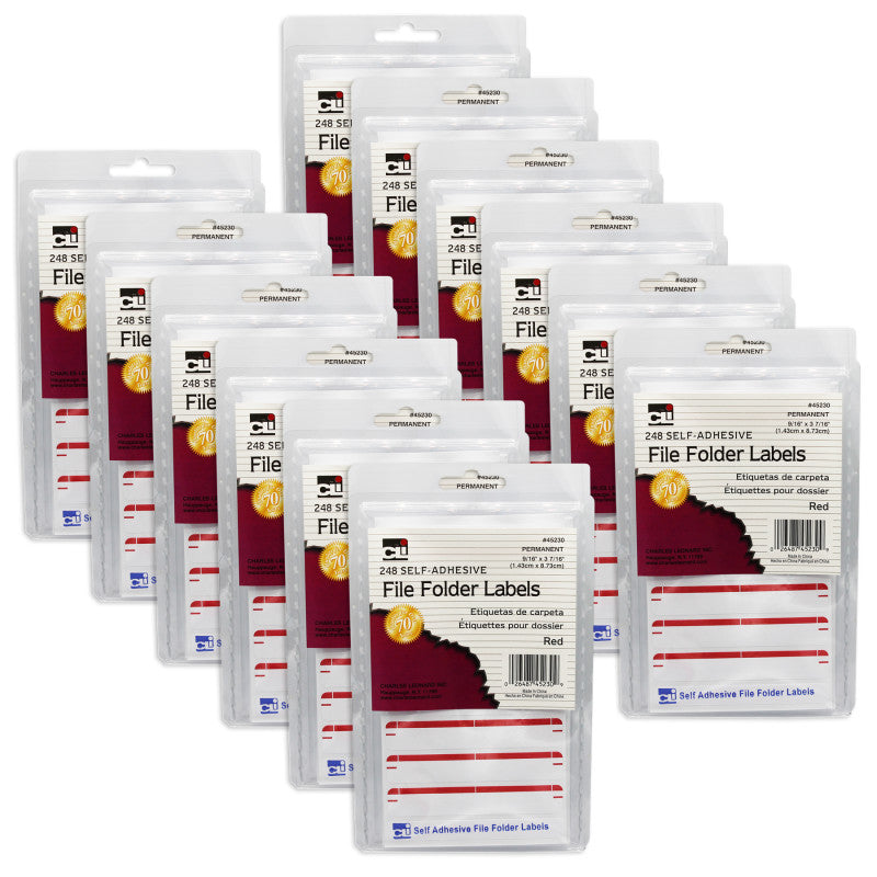 CHARLES LEONARD - File Folder Labels, Red, 248 Per Pack, 12 Packs
