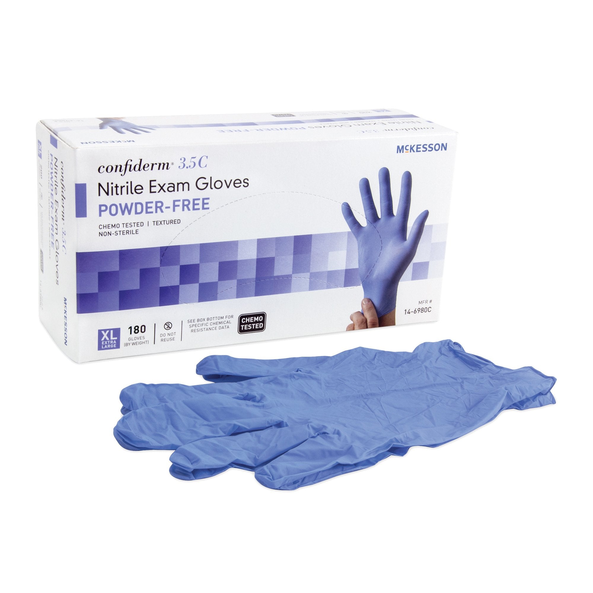 McKesson Brand - Exam Glove McKesson Confiderm® 3.5C X-Large NonSterile Nitrile Standard Cuff Length Textured Fingertips Blue Chemo Tested [180/BX]