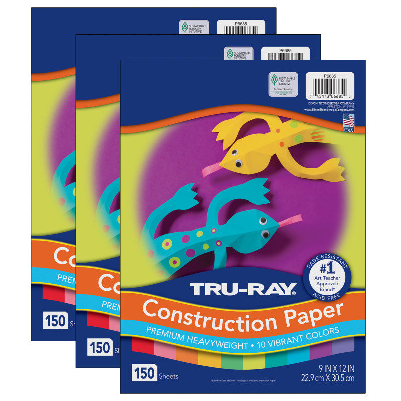 TRU-RAY - Construction Paper, 10 Vibrant Colors, 9" x 12", 150 Sheets Per Pack, 3 Packs