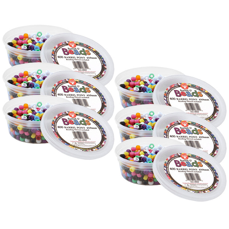 HYGLOSS - Bucket O’ Beads, Barrel Pony, 6 x 9 mm, 400 Per Pack, 6 Packs