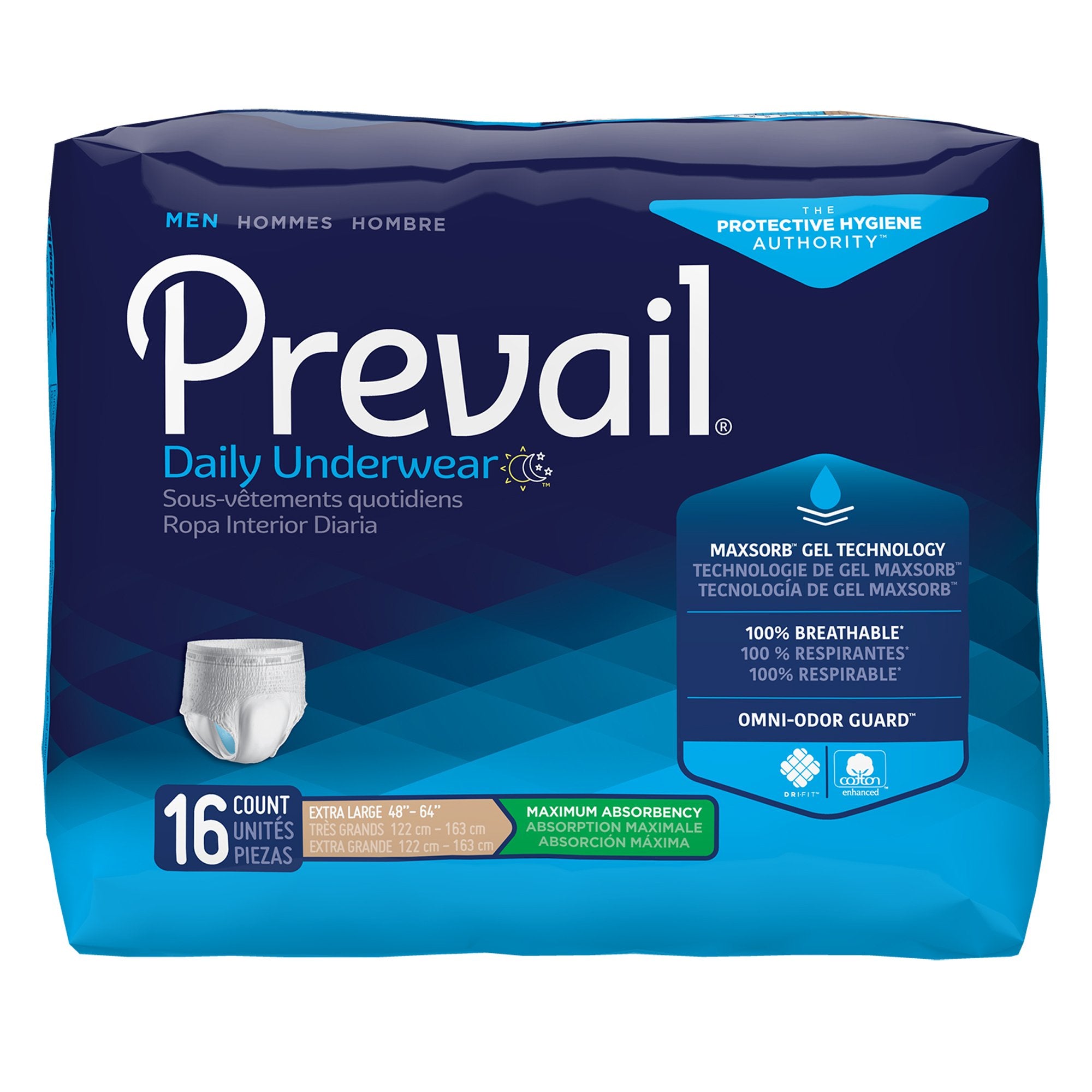 First Quality - Male Adult Absorbent Underwear Prevail® Daily Underwear Pull On with Tear Away Seams X-Large Disposable Heavy Absorbency [16/BG]