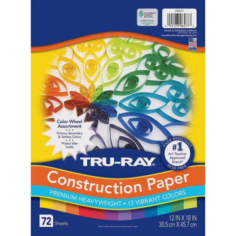 Construction Paper, Heavyweight, Color Wheel Assortment, 12 Vibrant Colors, 12" x 18", 72 Sheets