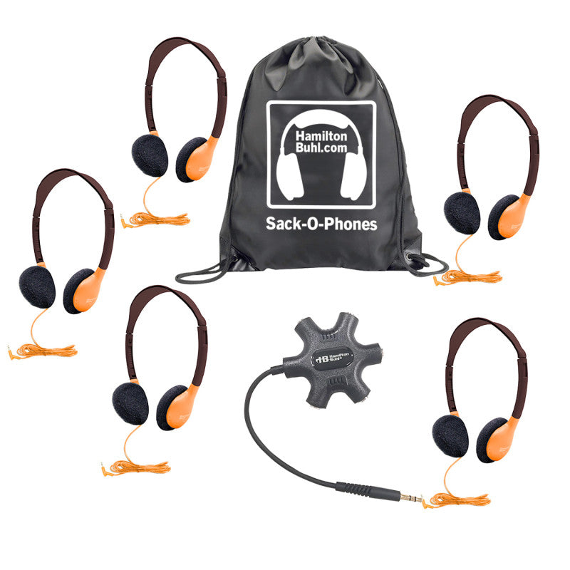 HAMILTONBUHL - Galaxy™ Econo-Line of Sack-O-Phones with 5 Orange Personal-Sized Headphones, Starfish Jackbox and Carry Bag