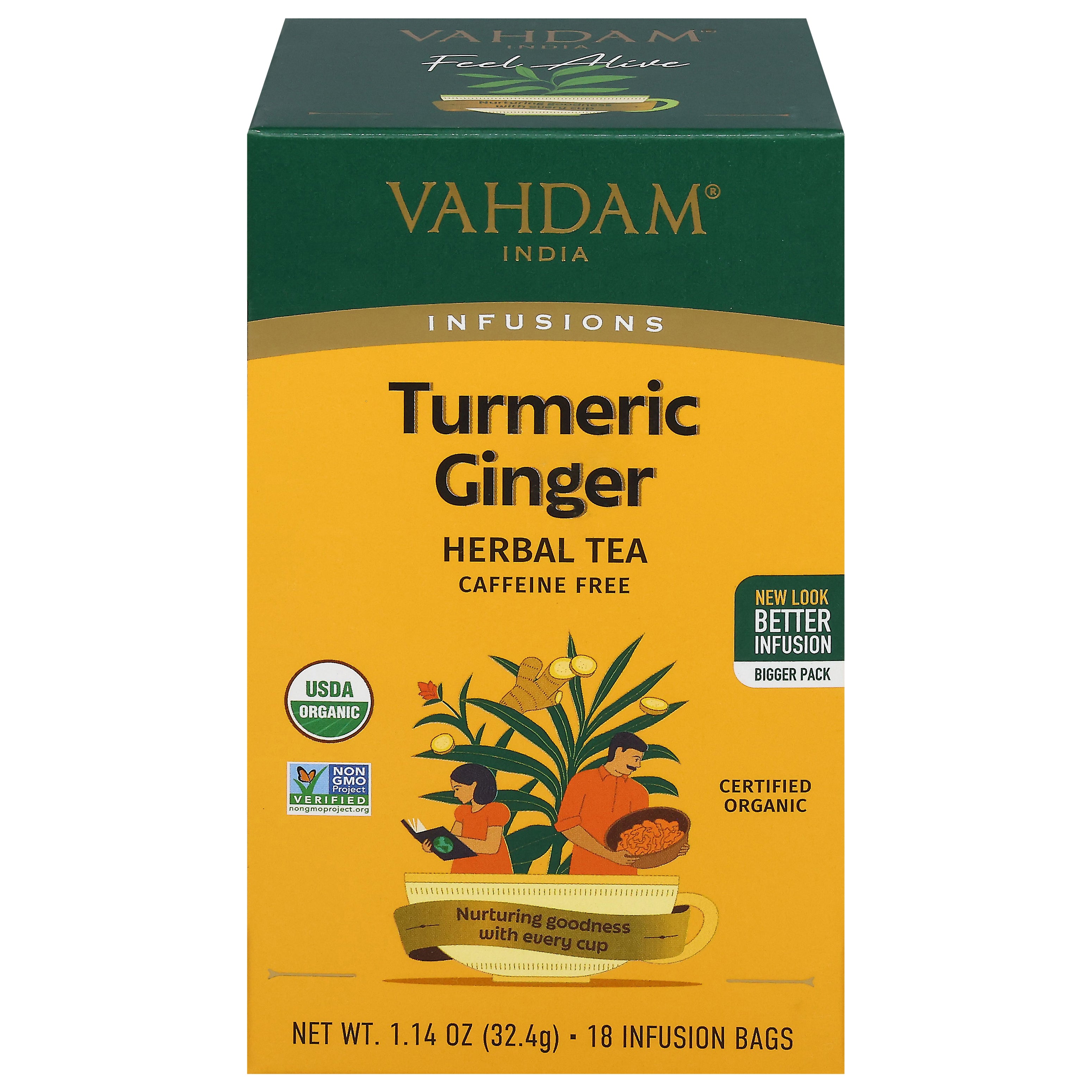 Vahdam Caffeine Free Infusions Turmeric Ginger Herbal Tea 18 Infusion Bags - Case of 6