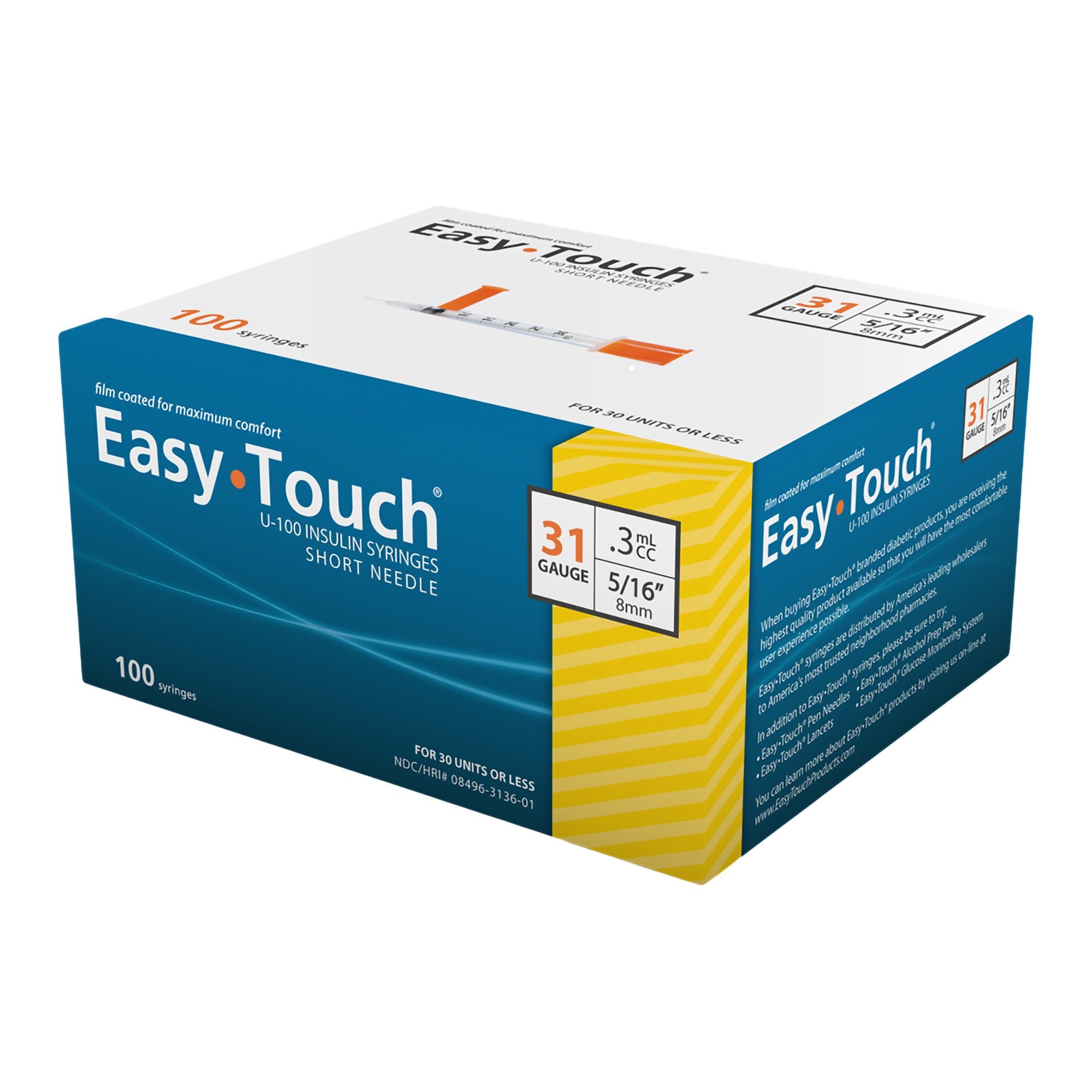 MHC Medical - Standard Insulin Syringe with Needle EasyTouch™ 0.3 mL 5/16 Inch 31 Gauge NonSafety Thin Wall [100/BX]