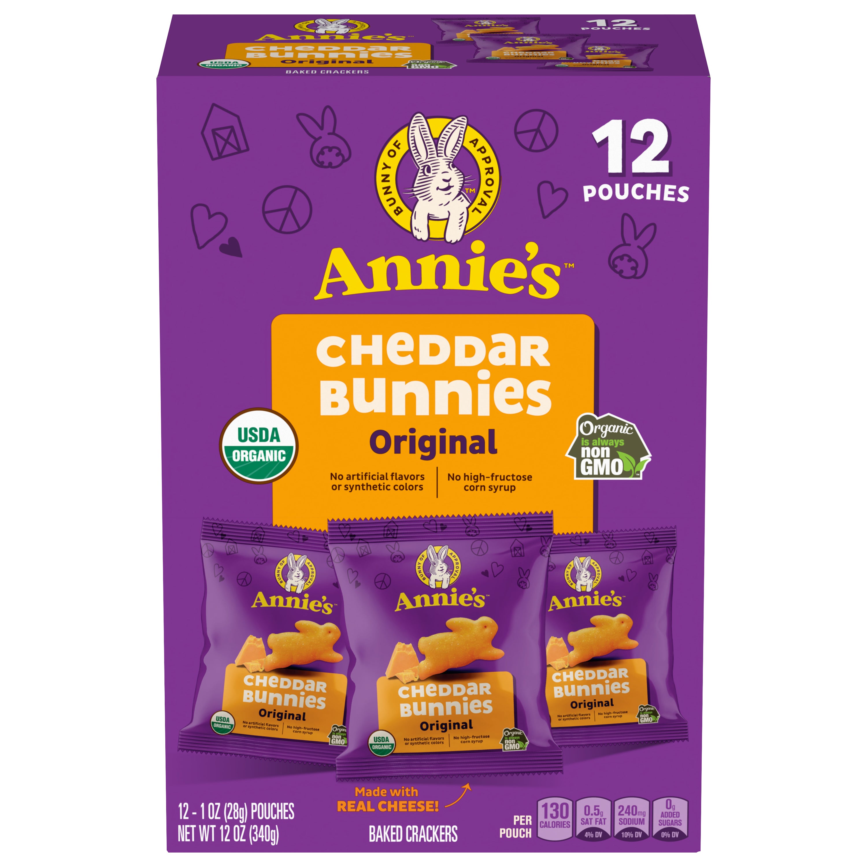 Annie's Organic Cheddar Bunnies Baked Kids Snack Crackers, Original, School Lunch Snacks, 12 Pouches, 12 oz - Case of 4