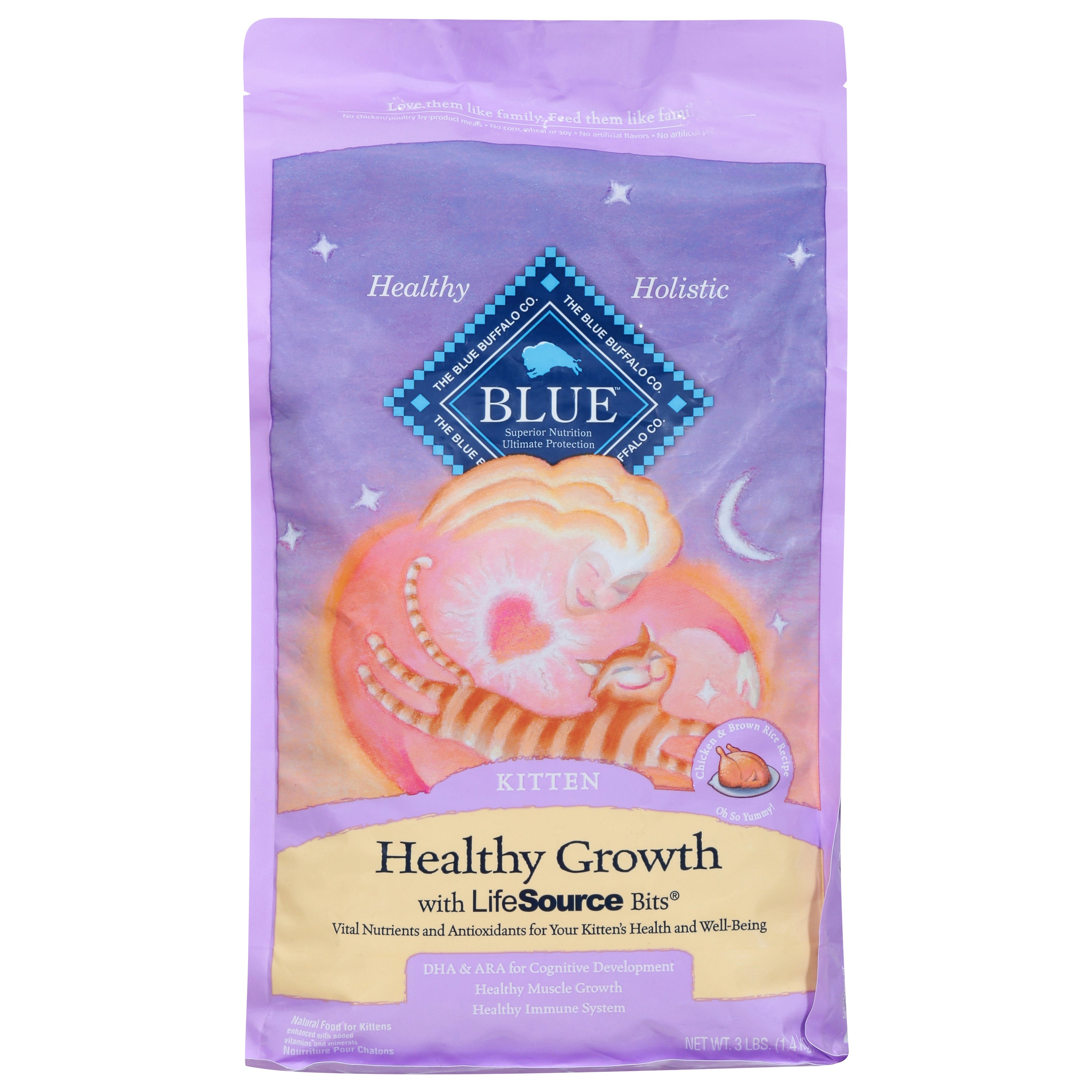 Blue Buffalo Blue Natural Kitten Healthy Growth Chicken & Brown Rice Recipe Food for Kittens 3 lb - Case of 5