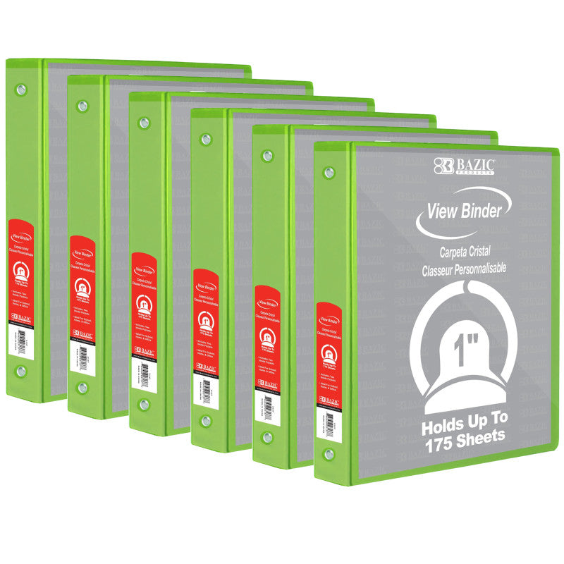 BAZIC PRODUCTS - 3-Ring View Binder with 2 Pockets, 1", Lime Green, Pack of 6