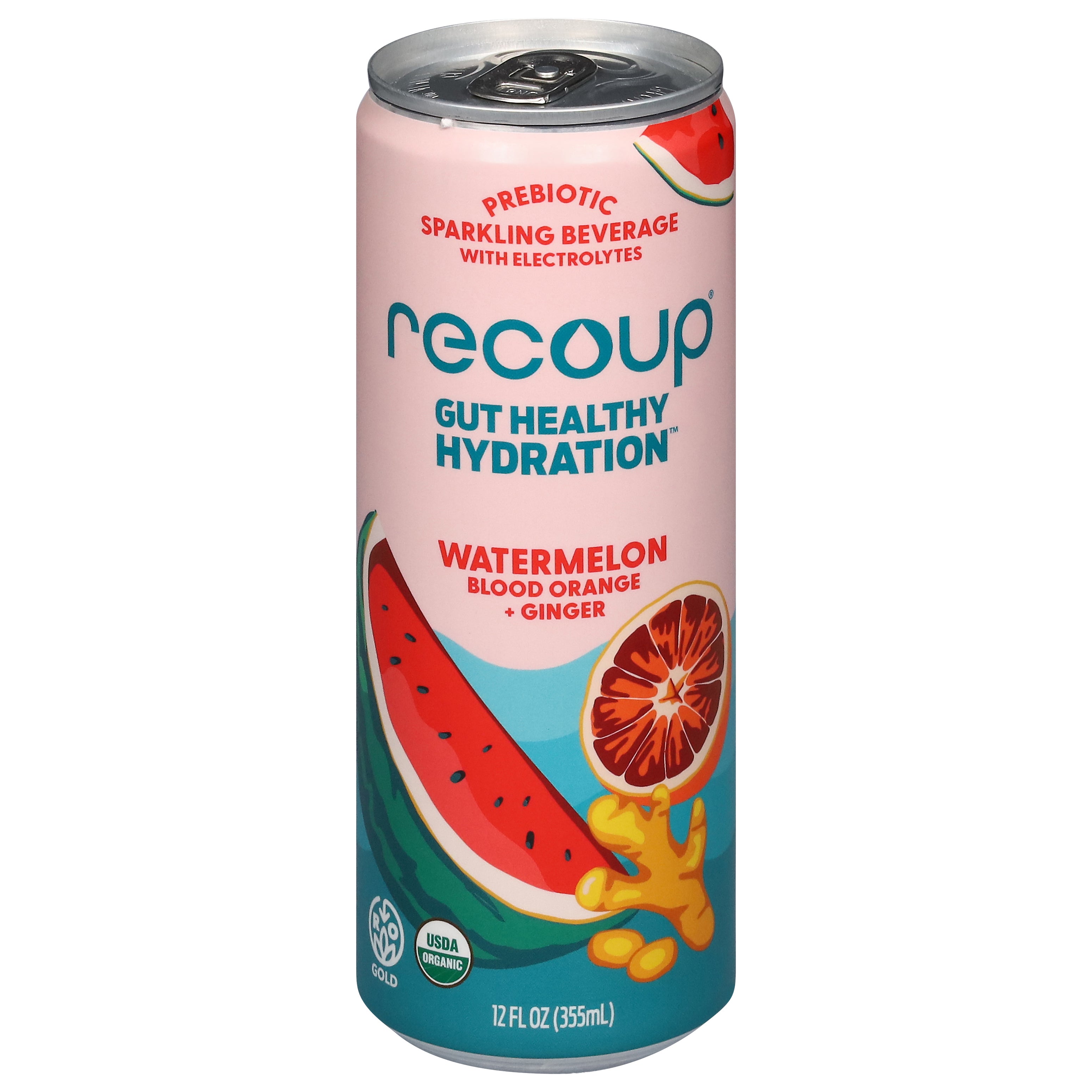 Recoup Gut Healthy Hydration Prebiotic Watermelon Blood Orange + Ginger Sparkling Beverage with Electrolytes 12 fl oz - Case of 12