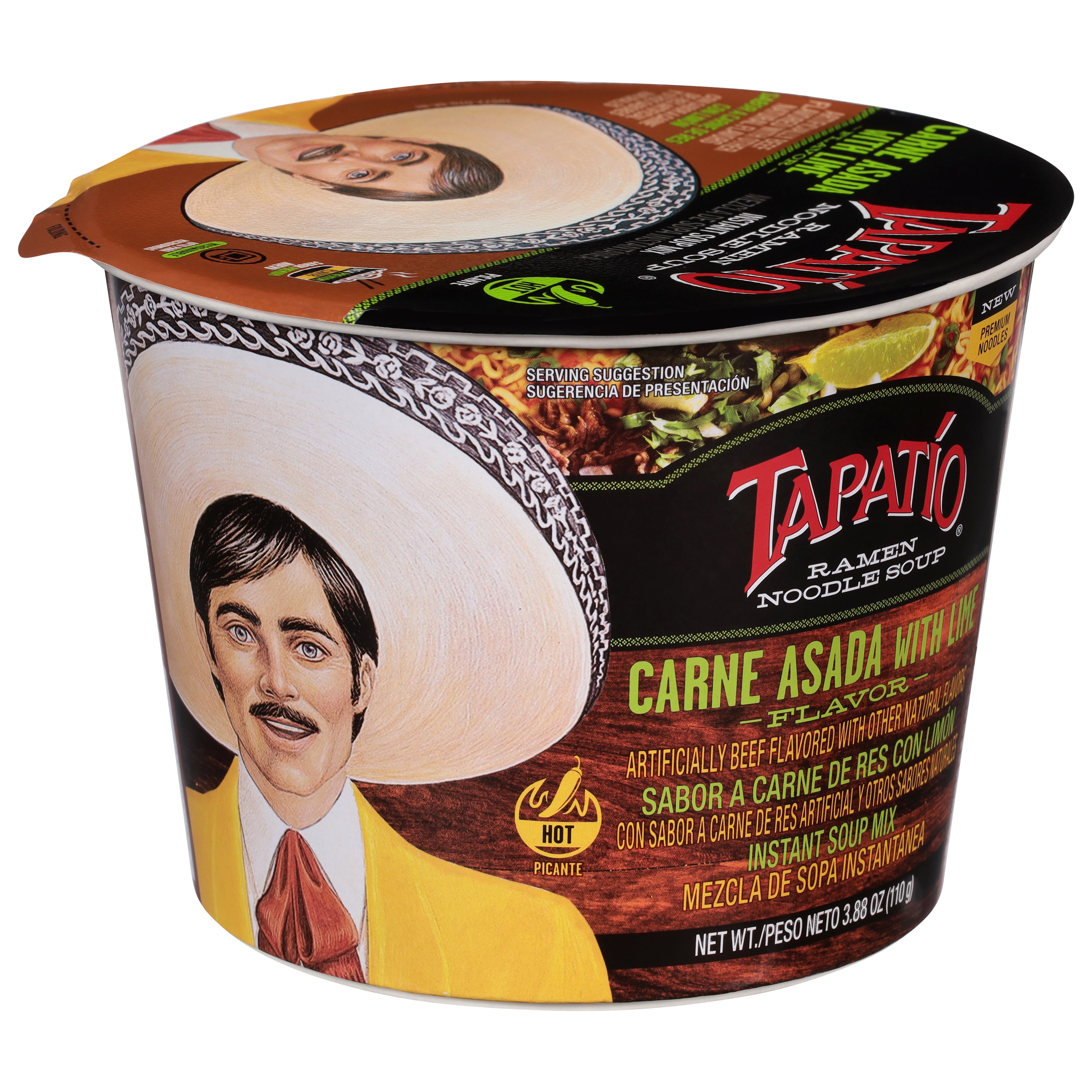 Tapatio Hot Carne Asada with Lime Flavor Ramen Noodle Soup 3.88 oz - Case of 6