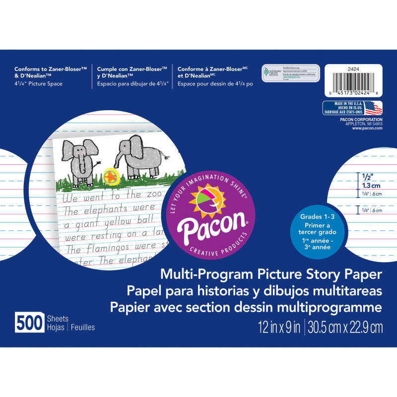 PACON - Multi-Program Picture Story Paper, 1/2" Ruled, White, 12" x 9", 500 Sheets