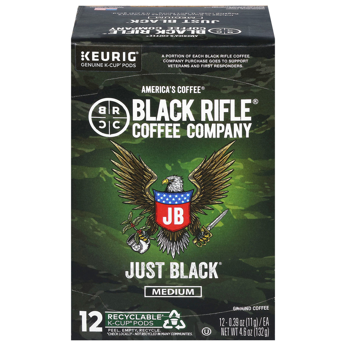 Black Rifle Coffee Company Ground Medium Just Black Coffee 12 - 0.39 oz K-Cup Pods - Case of 6