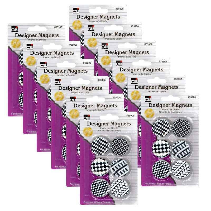 CHARLES LEONARD - Designer Button Style Magnets, Super Strong - Assorted Black & White Designs, 6 Per Pack, 12 Packs
