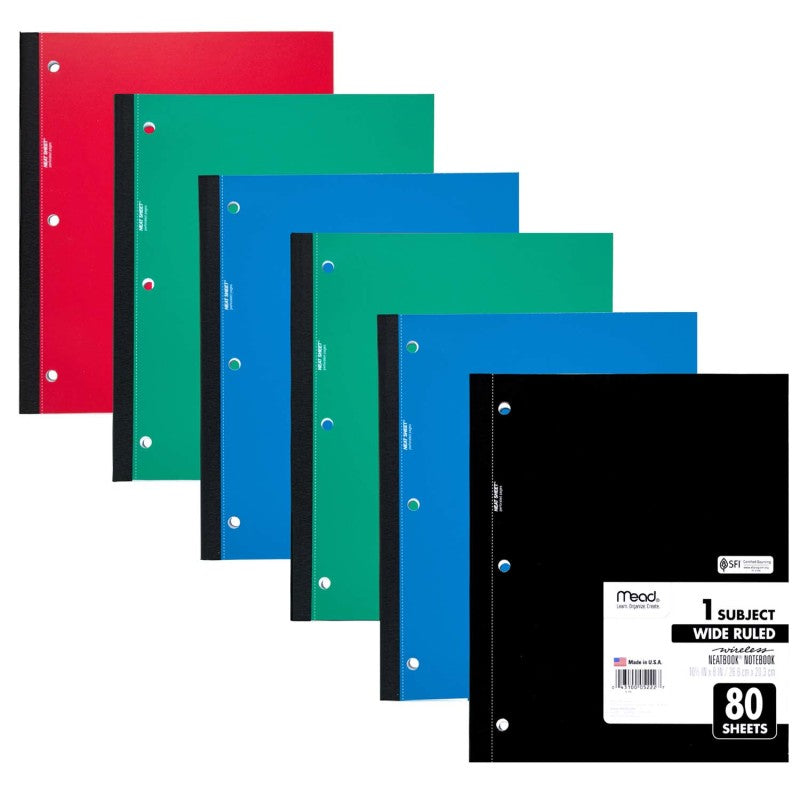 MEAD - Wireless Neatbook Notebook, 1-Subject, Wide Ruled, Pack of 6