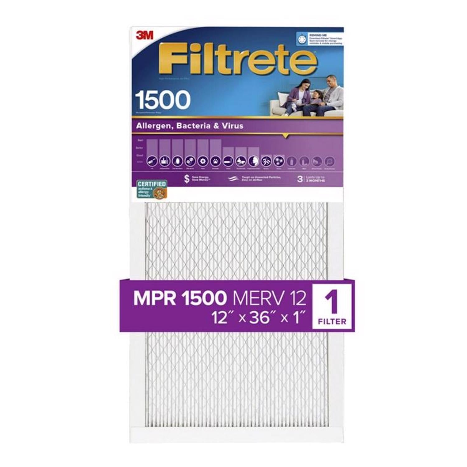 Filtrete 12 in. W X 36 in. H X 1 in. D 1500 MPR Pleated Air Filter 1 pk - Case of 4