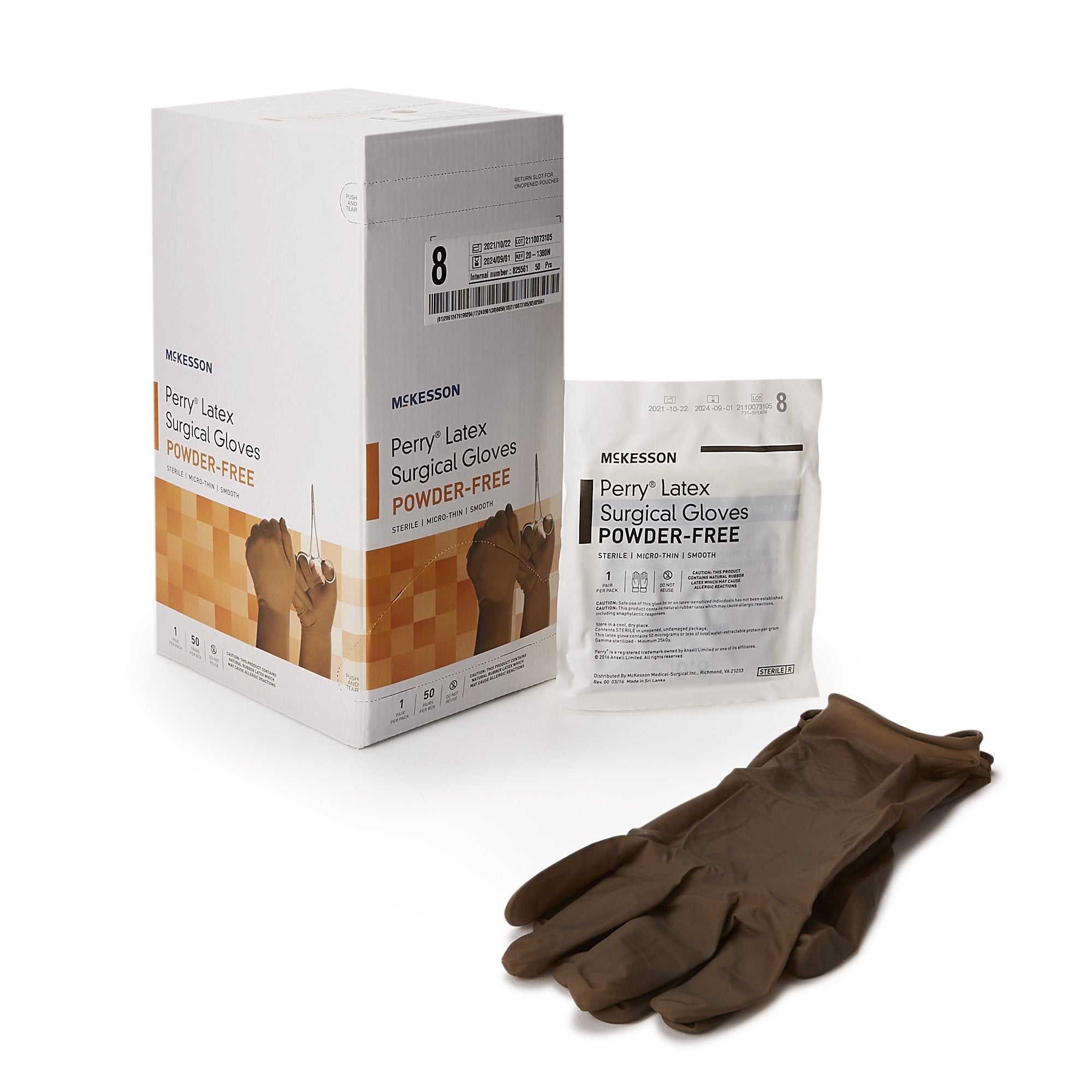 McKesson Brand - Surgical Glove McKesson Perry® Size 8 Sterile Latex Standard Cuff Length Smooth Brown Not Chemo Approved [50/BX]
