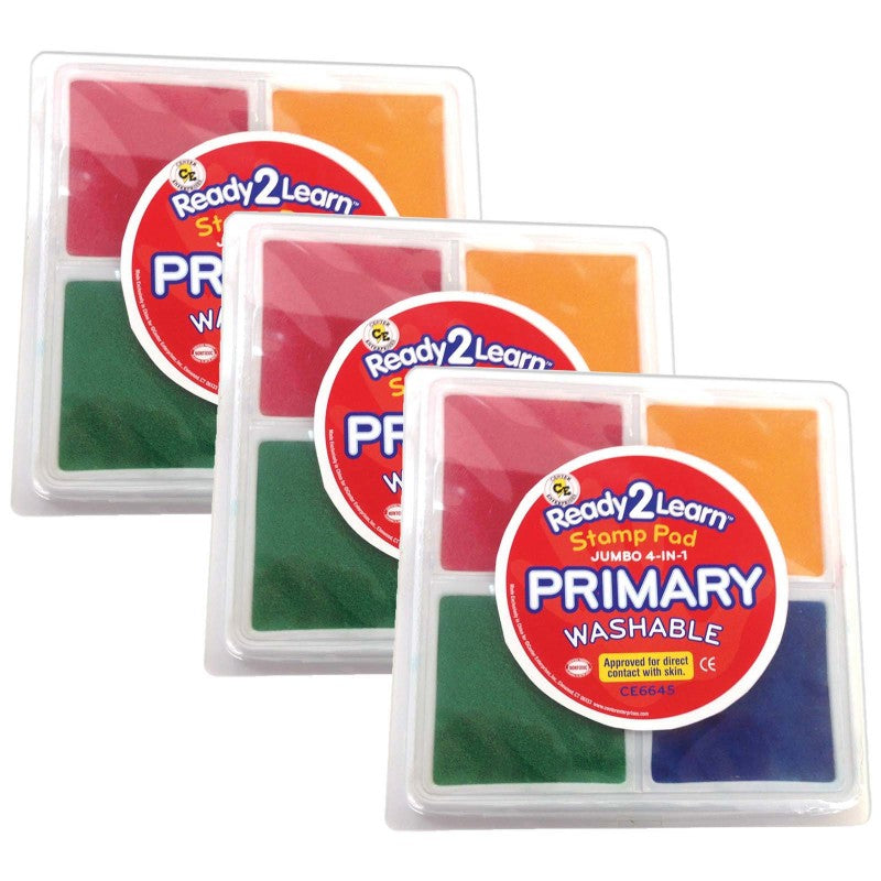 READY 2 LEARN - Jumbo 4-in-1 Washable Stamp Pad - Red, Yellow, Green, Blue - Pack of 3