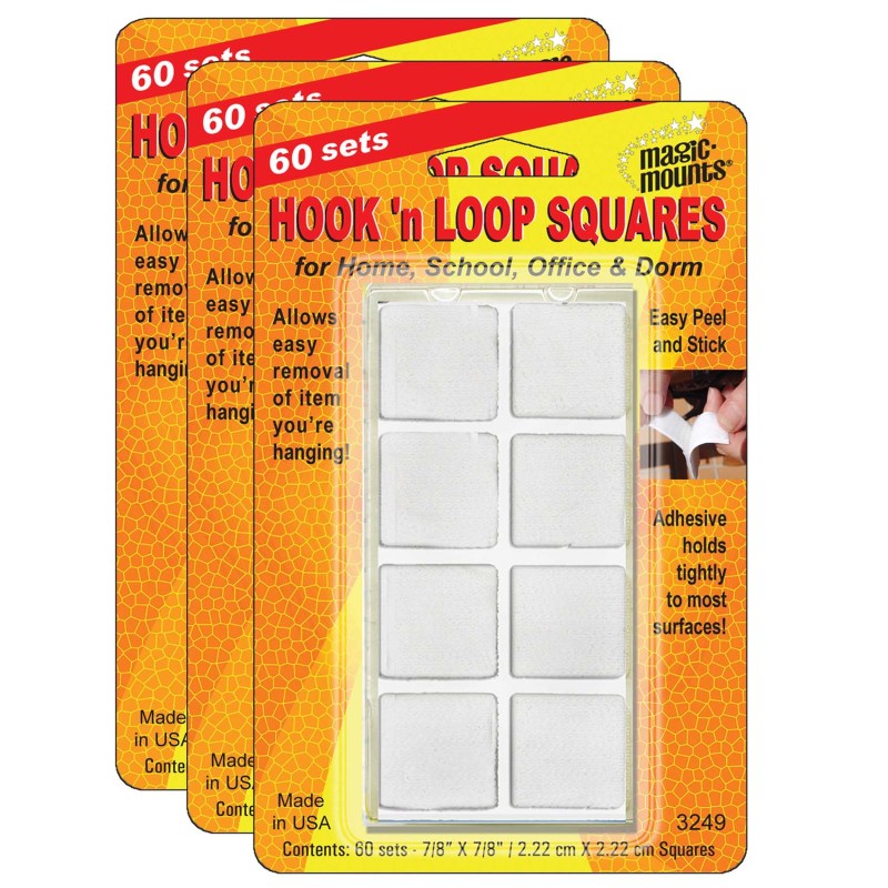 MAGIC-MOUNTS - Hook 'n Loop, 7/8" Squares, 60 Sets Per Pack, 3 Packs