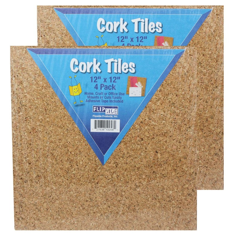 FLIPSIDE PRODUCTS - Natural Cork Tiles, 12" x 12", 4 Per Pack, 2 Packs