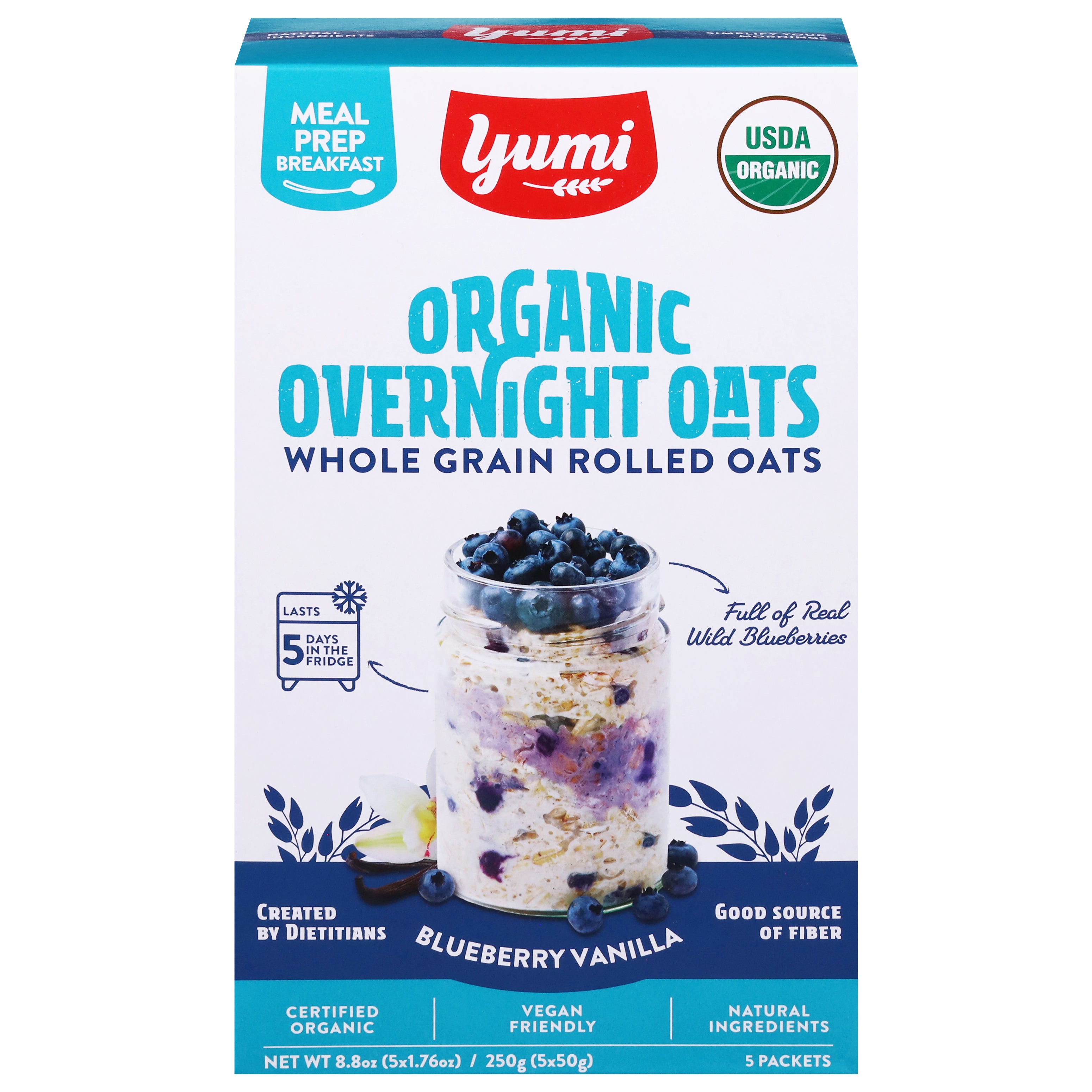 Yumi Organic Whole Grain Rolled Blueberry Vanilla Overnight Oats 5 - 1.76 oz Packets - Case of 6
