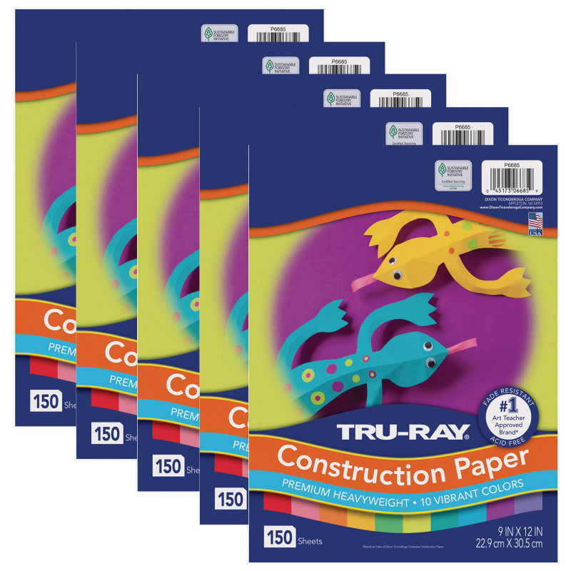 TRU-RAY - Construction Paper, 10 Vibrant Colors, 9" x 12", 150 Sheets Per Pack, 5 Packs