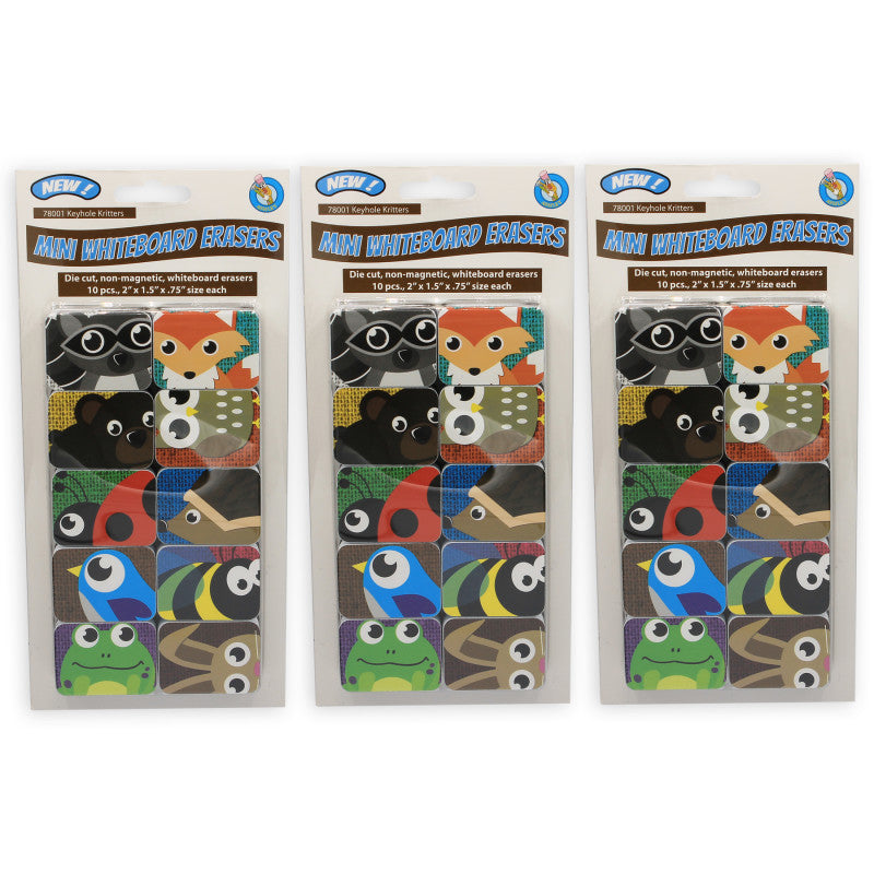 ASHLEY PRODUCTIONS - Non-Magnetic Mini Whiteboard Erasers, Keyhole Kritters, 10 Per Pack, 3 Packs