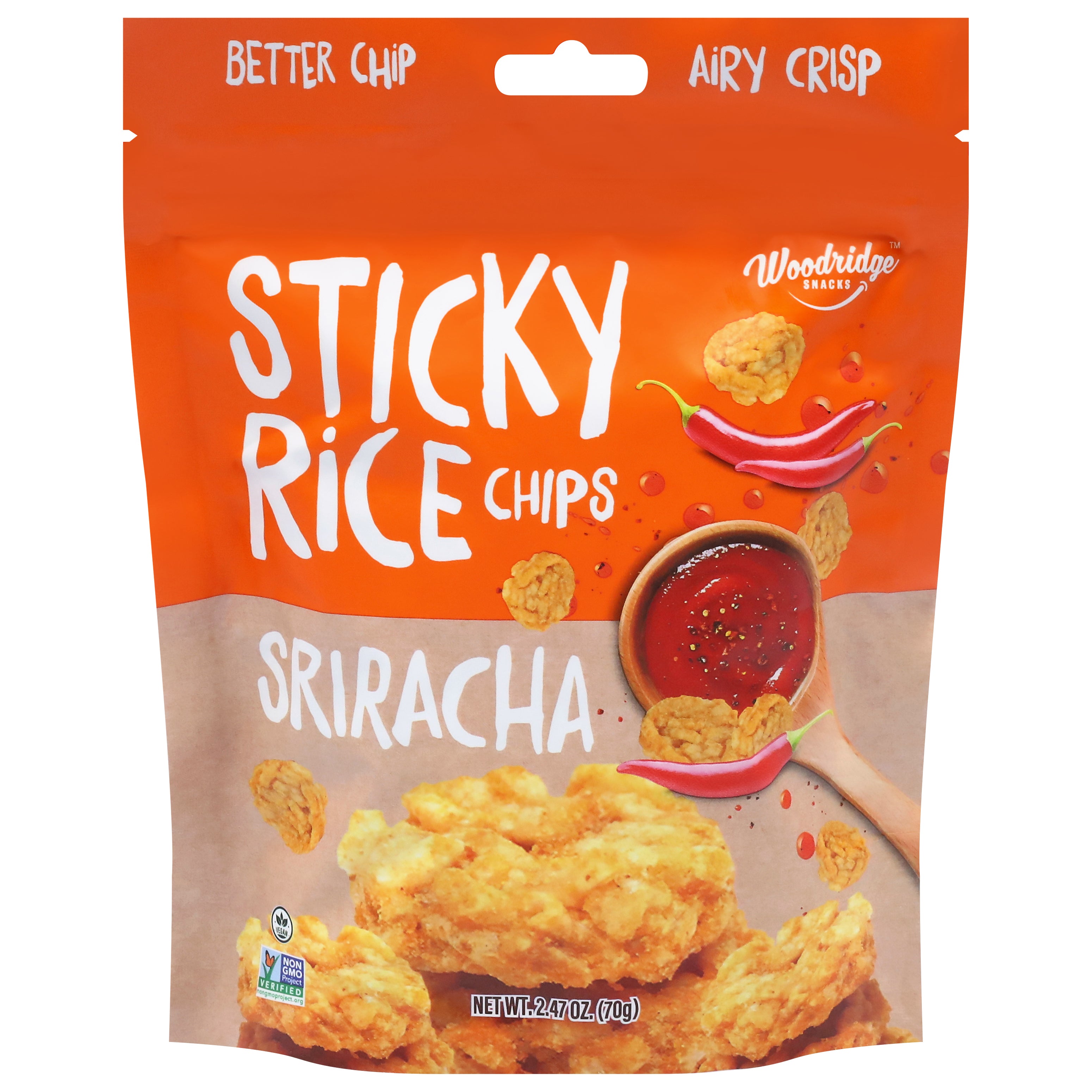 Woodridge Snacks Sriracha Sticky Rice Chips 2.4 oz - Case of 12