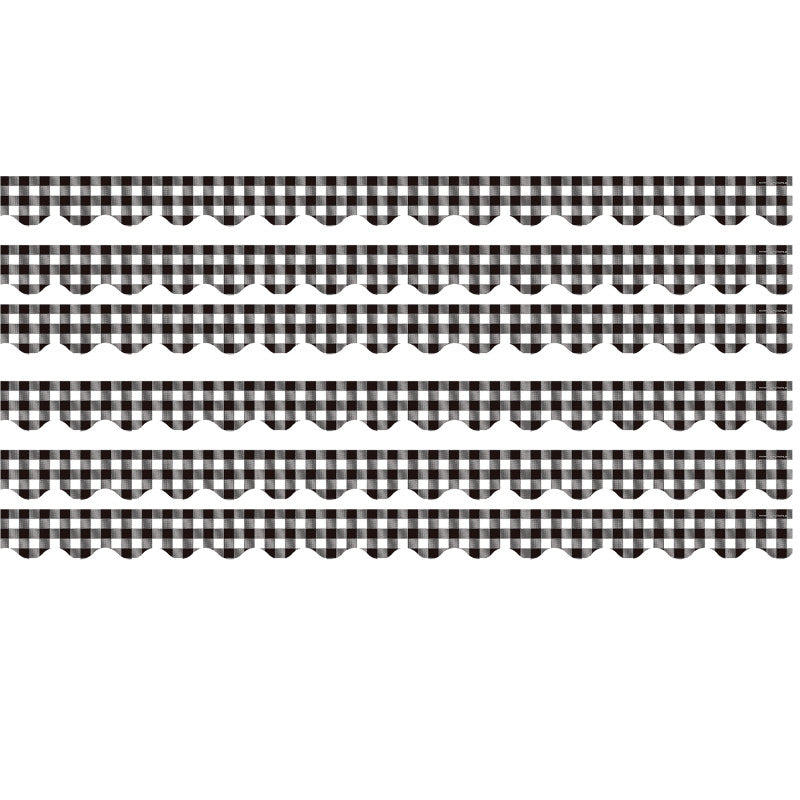 TEACHER CREATED RESOURCES - Black and White Gingham Scalloped Border Trim, 35 Feet Per Pack, 6 Packs