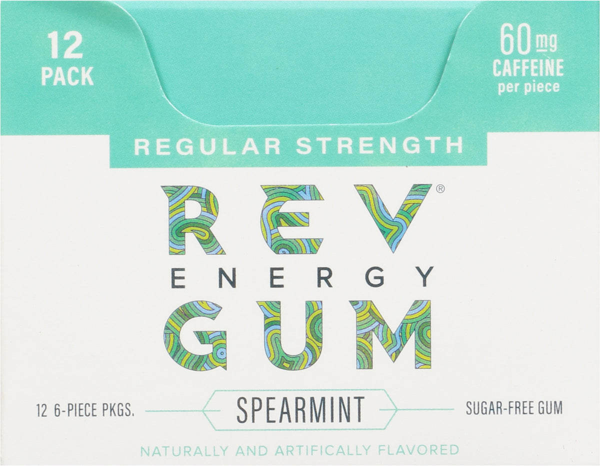 Rev 12 Pack Regular Strength Spearmint Energy Gum 12 - 6 piece packages - Case of 12