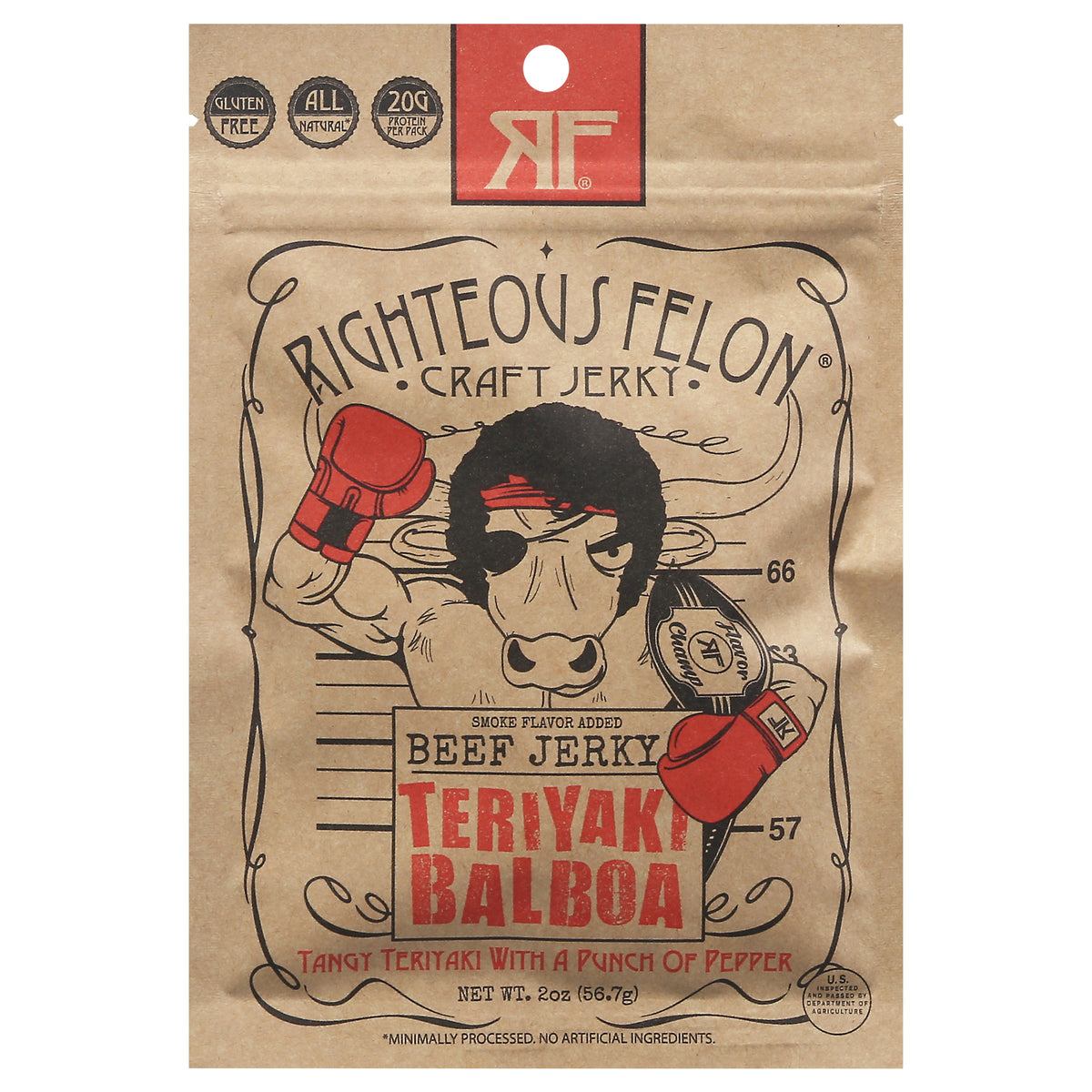 Righteous Felon Teriyaki Balboa Beef Jerky with a Punch of Pepper 2 oz - Case of 8