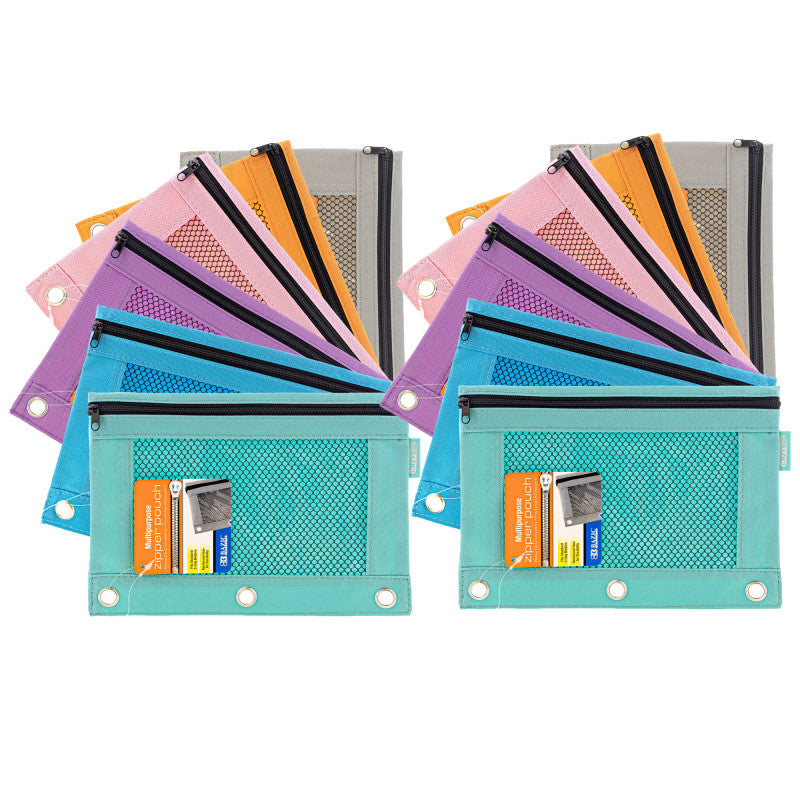 BAZIC PRODUCTS - 3-Ring Pencil Pouch with Mesh Window, Retro Pastel Colors, Pack of 12