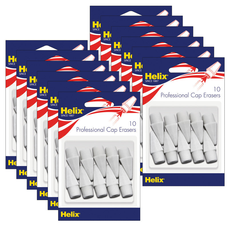 HELIX - Professional Pencil Cap Erasers, White, 10 Per Pack, 12 Packs
