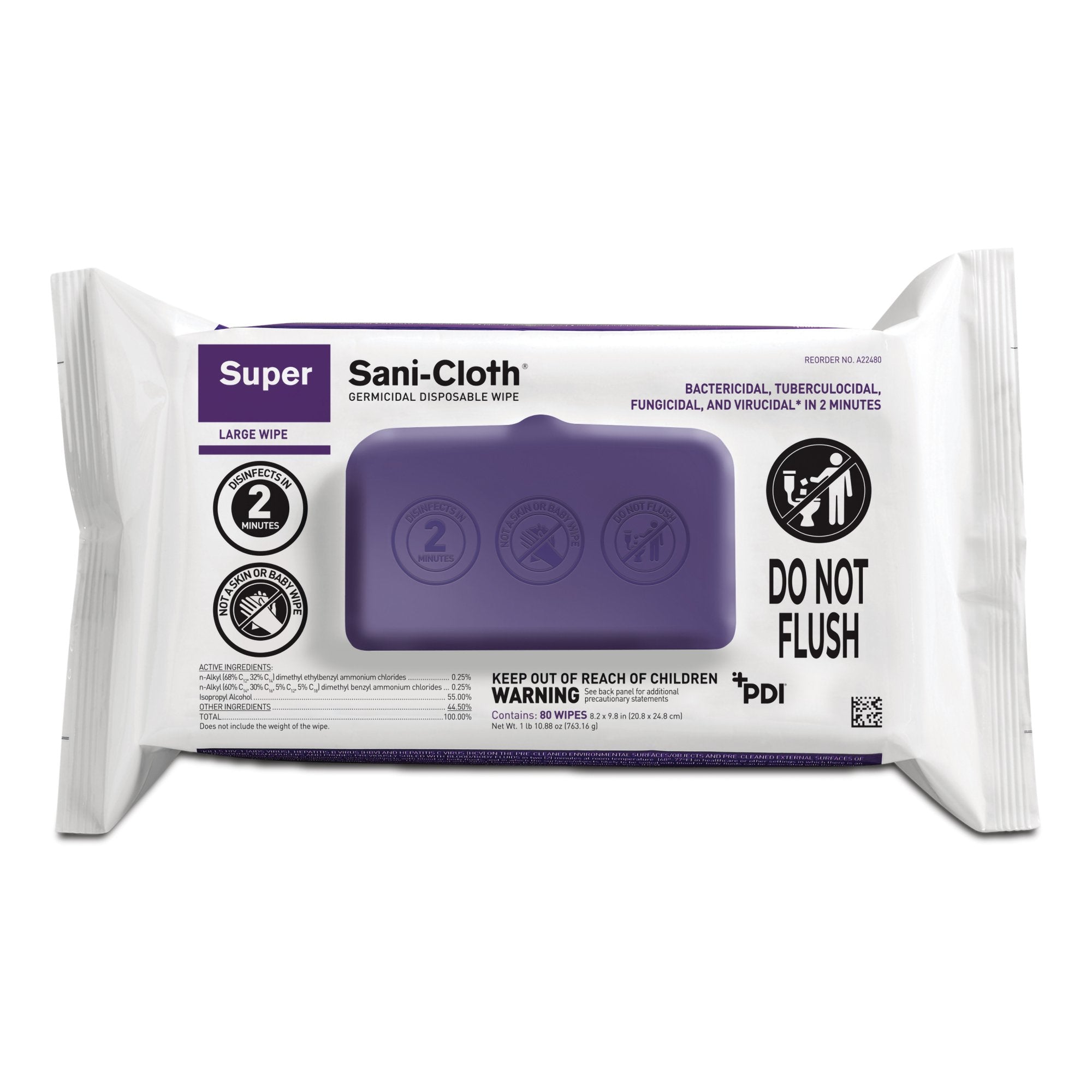 Professional Disposables - Super Sani-Cloth® Surface Disinfectant Cleaner Premoistened Germicidal Manual Pull Wipe 80 Count Soft Pack Alcohol Scent NonSterile [1/PK]