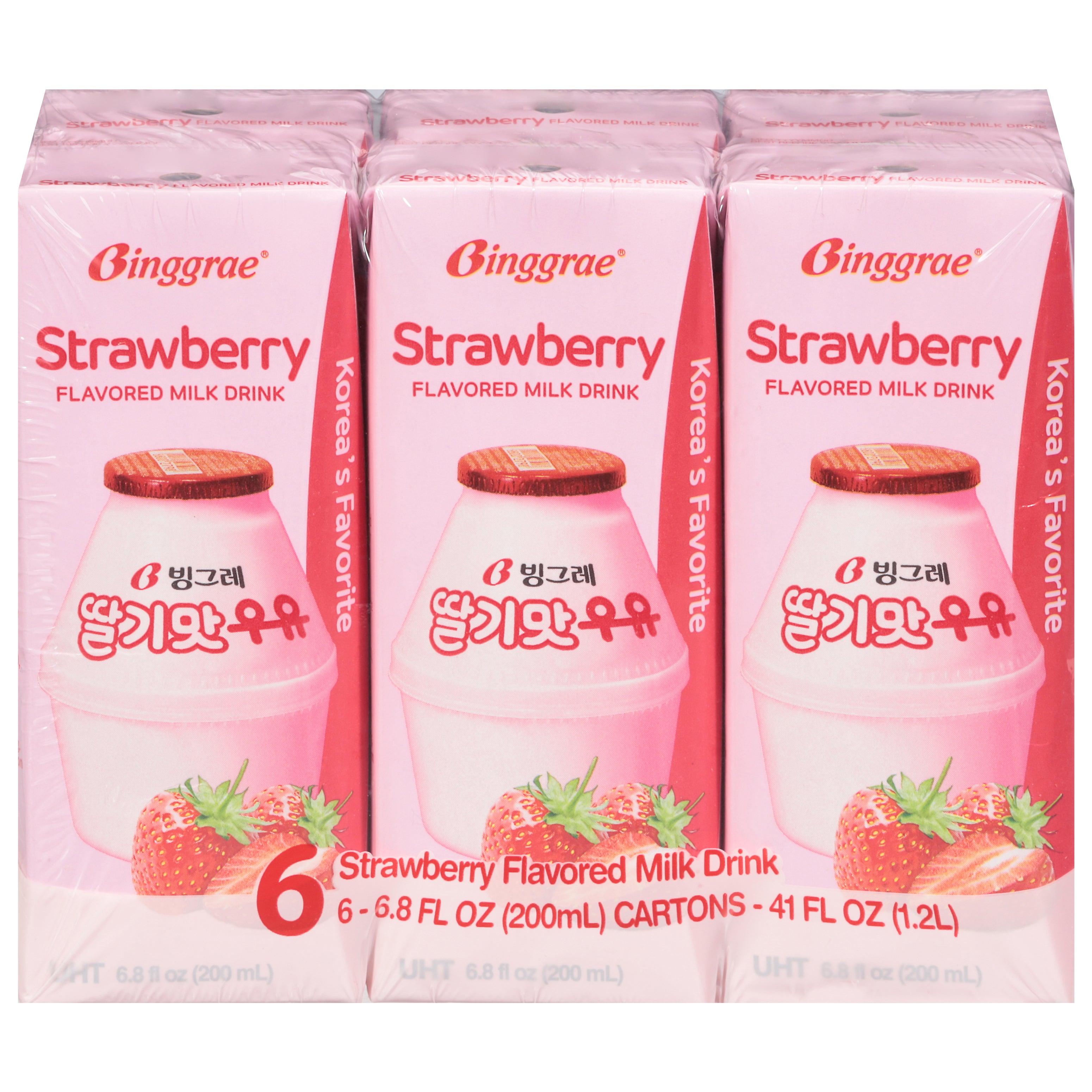 Binggrae Strawberry Flavored Milk Drink 6 - 6.8 fl oz Cartons - Case of 4
