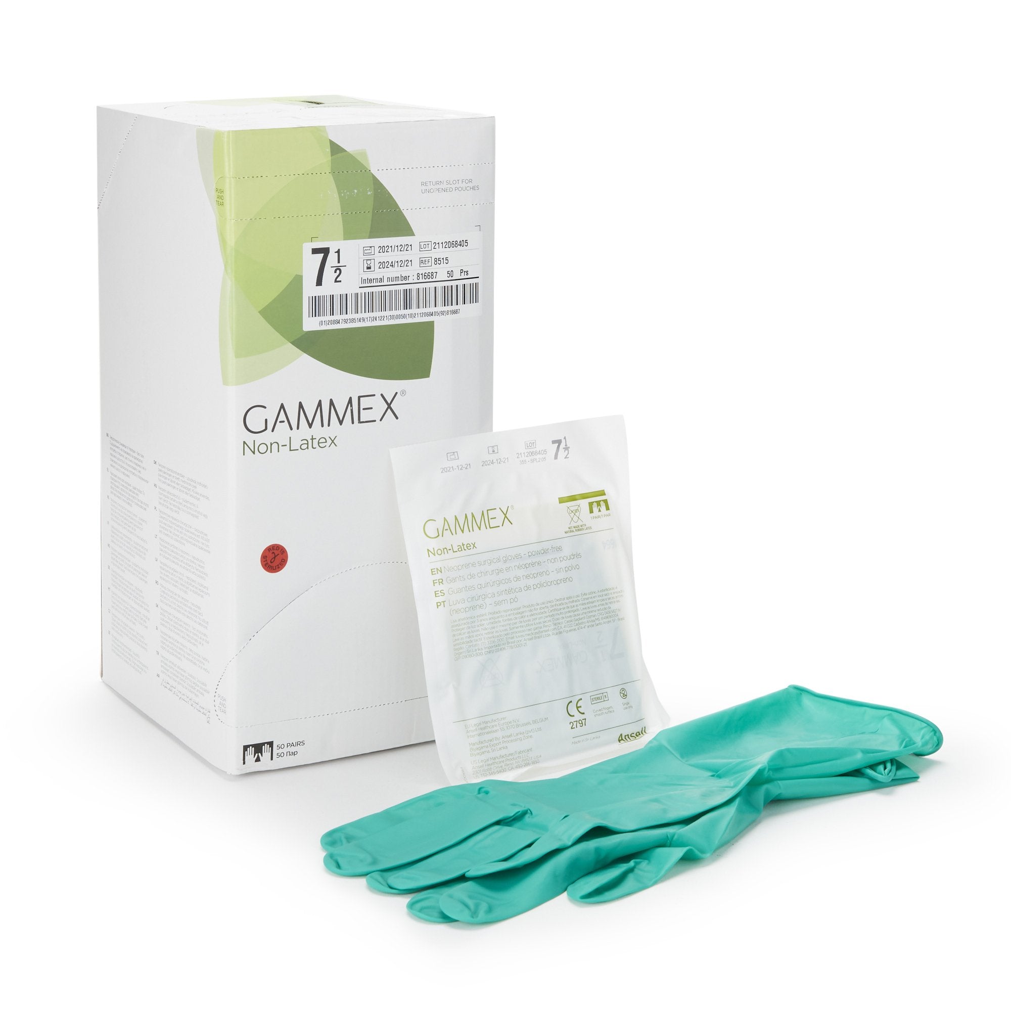 Ansell - Surgical Glove GAMMEX® Non-Latex Size 7.5 Sterile Polyisoprene Standard Cuff Length Micro-Textured Green Chemo Tested [50/BX]