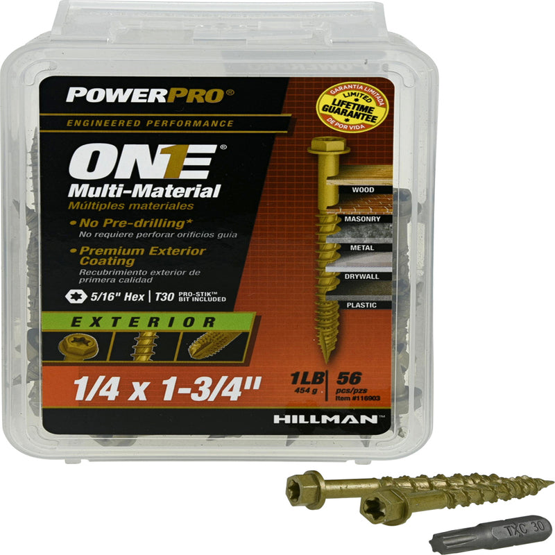HILLMAN - Hillman Power Pro 1/4 in. X 1-3/4 in. L Star Hex Washer Head Multi-Material Screw 1 lb 56 pk