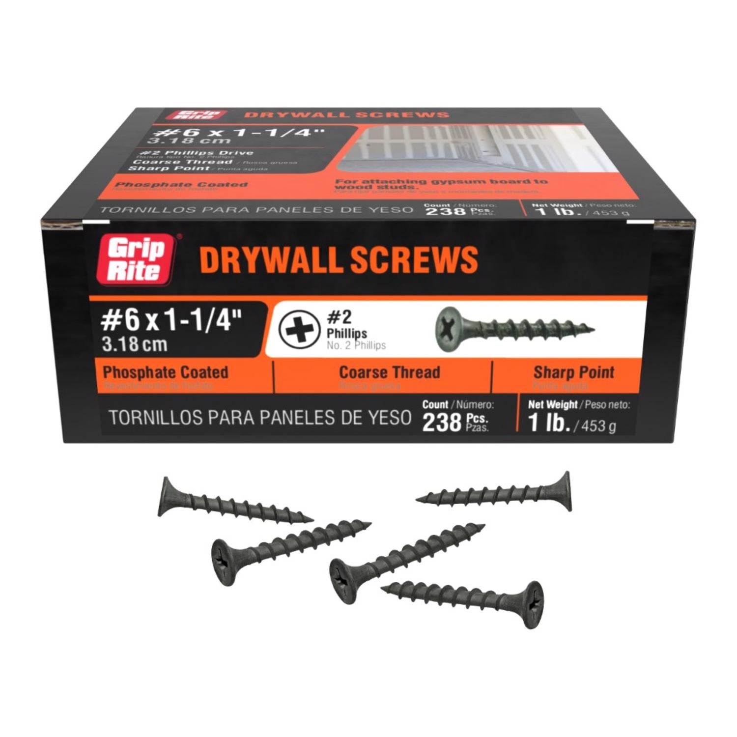 Grip-Rite No. 6 wire X 1-1/4 in. L Phillips Coarse Drywall Screws 1 lb 238 pk