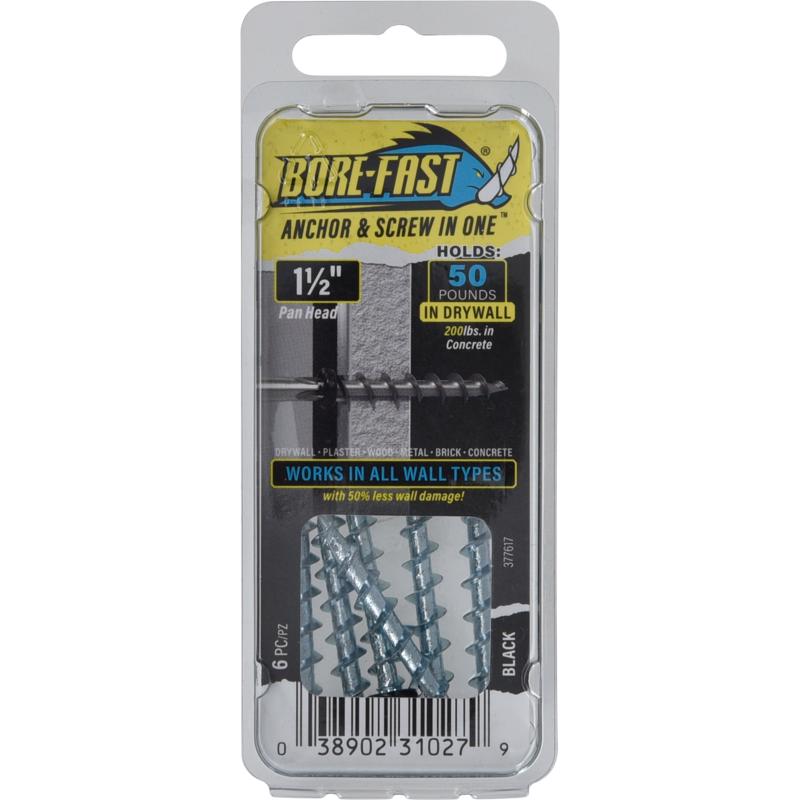 HILLMAN - Bore-Fast 3/16 in. D X 1-1/2 in. L Steel Pan Head Screw and Anchor 6 pc - Case of 10 [377617]